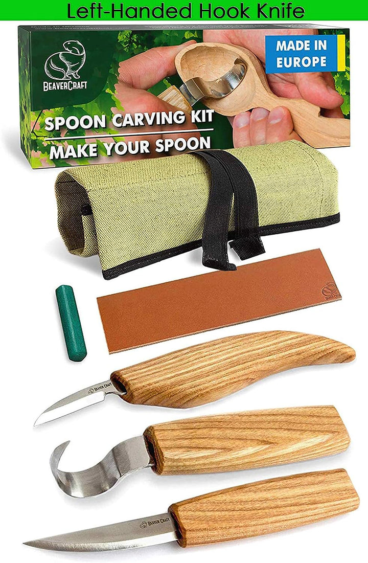 BeaverCraft S13L Holzschnitzerei Werkzeuge Set für Löffelschnitzen 3 Messer in Werkzeugsrolle Abzieh