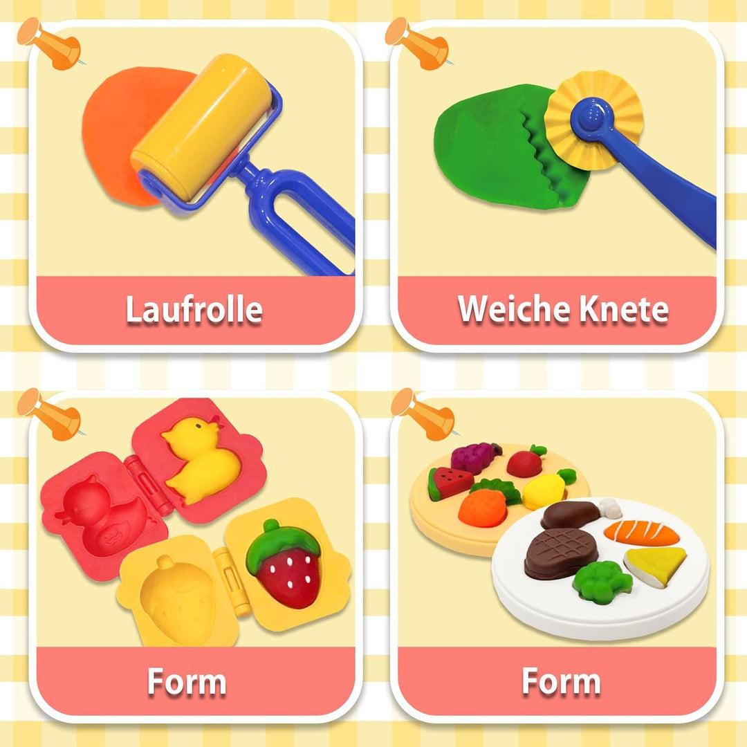 VBACALA 41 Stück Knete Set mit 12 Dosen Knetmasse, Knetwerkzeug Kinder Spielküche mit Eismaschine, B