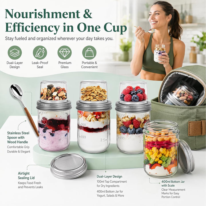 Yuragim 4er Overnight Oats Gläser, 400ml+100ml Müslibecher to go mit Deckel und Löffel, Doppelkammer