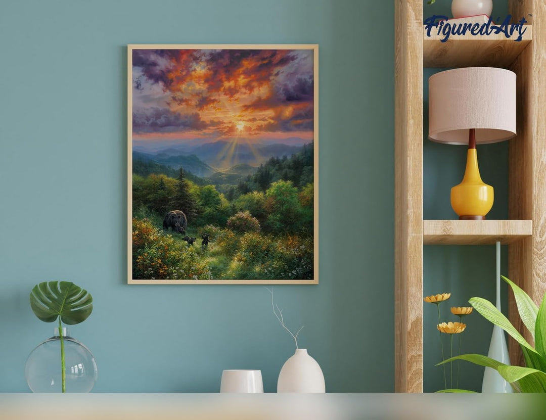 Figured'Art Malen Nach Zahlen Erwachsene Mit Rahmen Bär und Sonnenuntergang - Paint by Numbers Baste