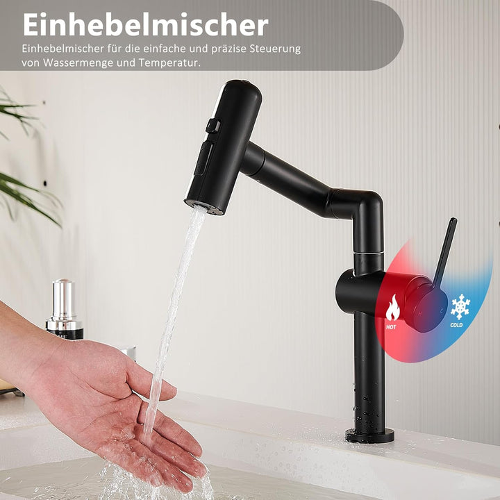 Waschtischarmatur Schwarz, 360° Drehbar mit 4 Wassermodi, Wasserhahn Bad aus 304 Edelstahl, Schwenka
