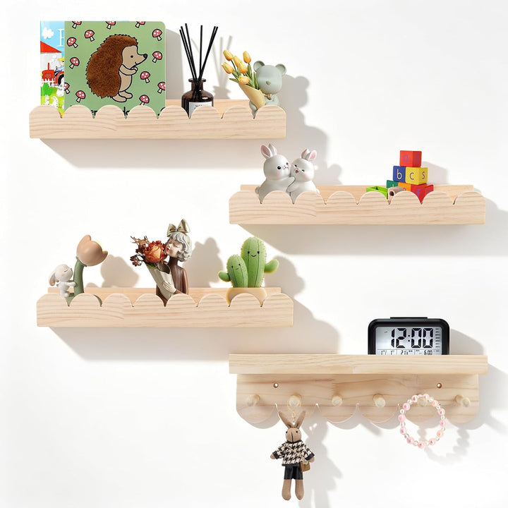 Wandregal Kinderzimmer 4er-Set aus Massivholz - Bücherregal mit 6 Haken für Bücher &amp; Spielzeug - Mon