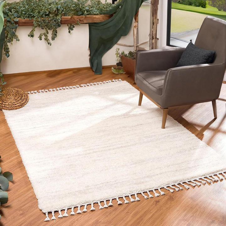 payé Hochflor-Teppich Wohnzimmer Cream - 120x160cm - Meliert mit Fransen - Weiche Schlafzimmer-Teppi