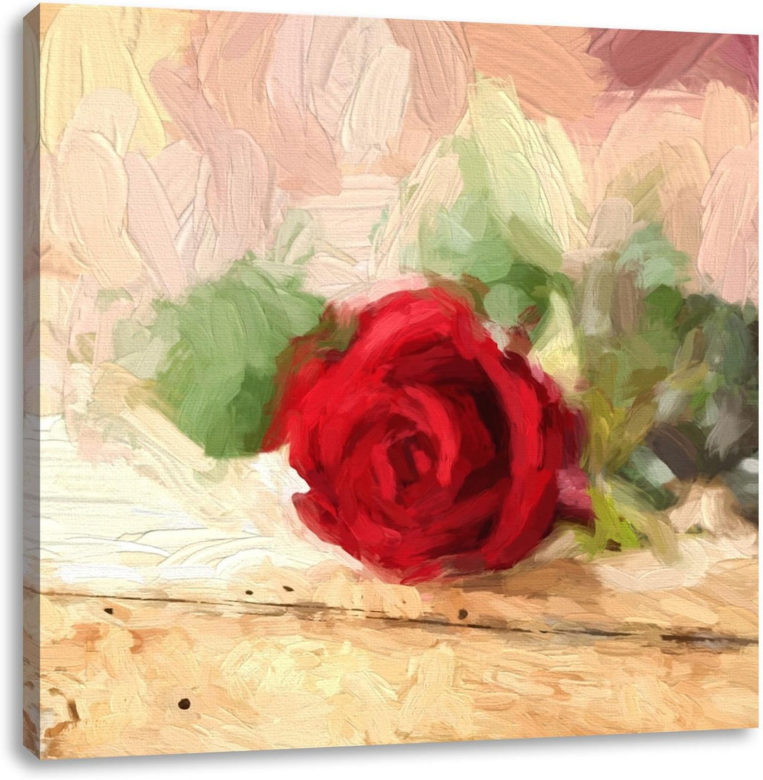 Pixxprint Rote Rose auf altem Holztisch, Format: 70x70 auf Leinwand, 70x70
