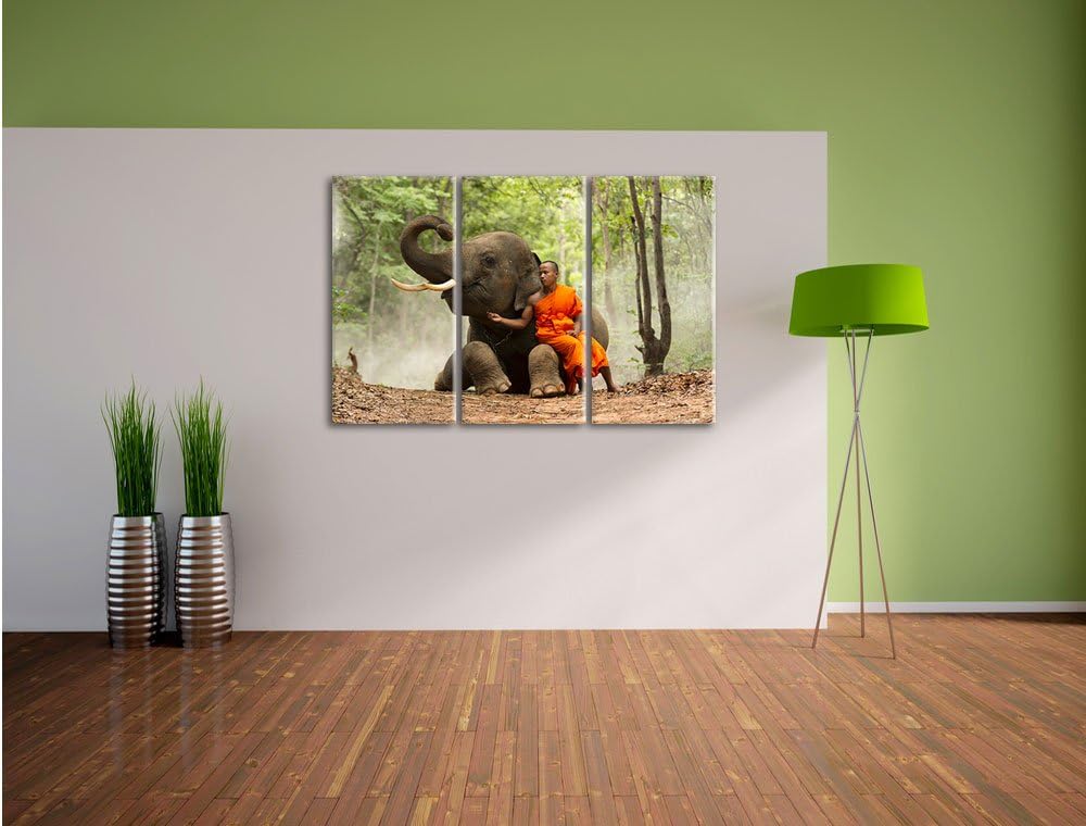 Pixxprint Mönch Elefanten Wald als Leinwandbild - Grösse: 3-Teilig (120x80cm) - Wandbild - Kunstdruc