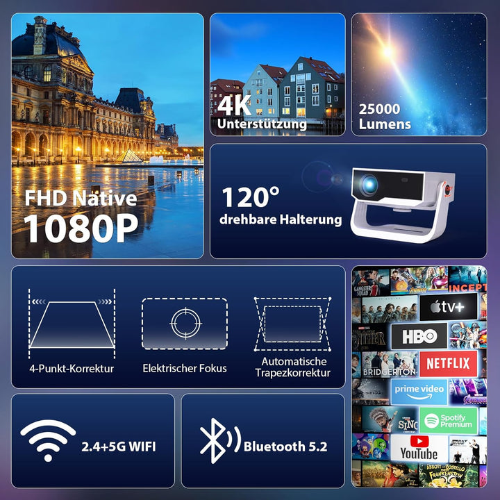 2025 Neuer Smart Beamer 4K Unterstützung, Android 11, Full HD 1080P, 25000 Lumens, WiFi 6 & BT 5.2,