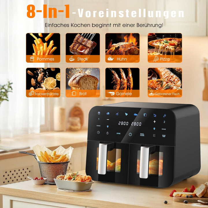 Dual Zone Heissluftfritteuse 9L mit 2 Kamern Kapazität 2 Fächer Sichtfenster Beleuchtung Airfryer To