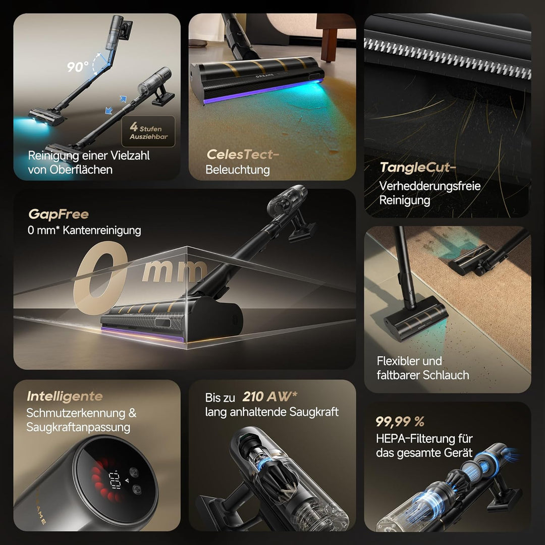 dreame V20 Pro-A Kabelloser Staubsauger, Kantenreinigung 0 mm, ohne Verheddern, für Hartböden und Te