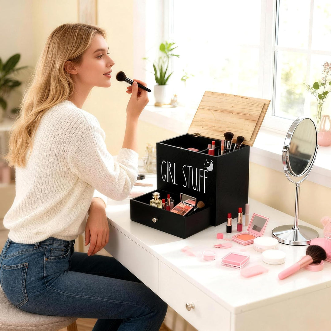 Tampon Aufbewahrungsbox 3 Fächer mit Deckel und Schublade, Badezimmer Organizer Holz Tampon Aufbewah