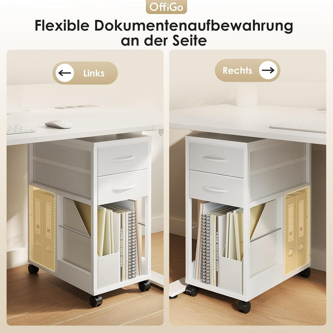 OffiGo Rollcontainer Schreibtisch mit Rollen und 2 Schubladen，Weiss | Rollcontainer mit Wechselbarem
