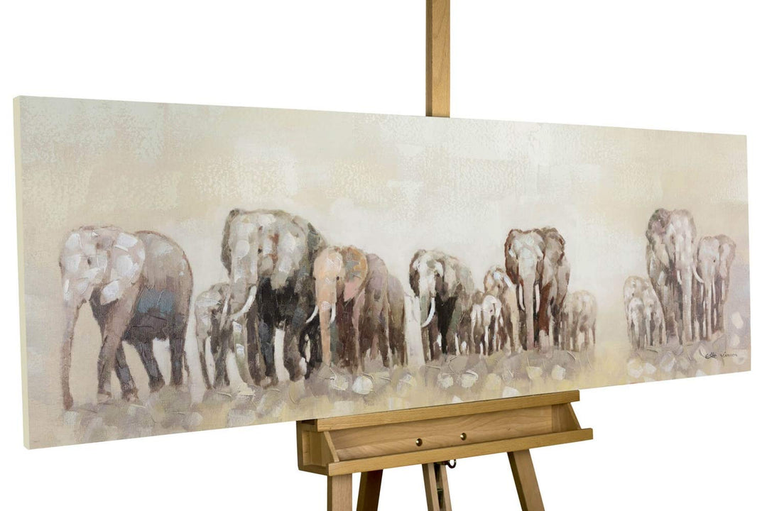 KunstLoft Leinwandbild | 100% HANDGEMALT | 150x50cm | Gemälde 'Weg der Elefanten' | Elefant | Beige