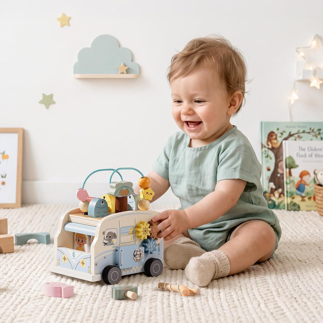 ROBUD Motorikwürfel Aktivitätsbus Holz, 8-in-1 Aktivitätswürfel Montessori-Spielzeug mit Perlenlabyr