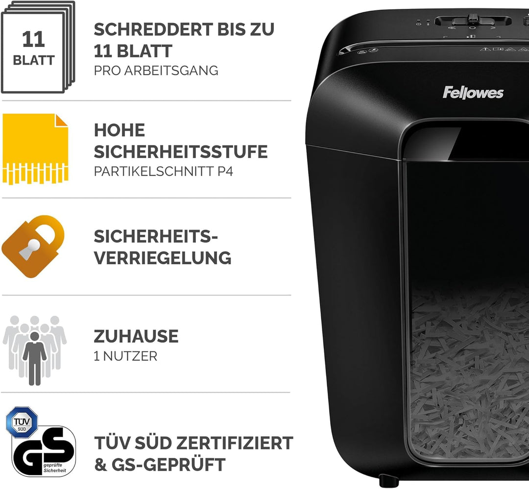 Fellowes Aktenvernichter 11 Blatt (P4), Papierschredder mit Partikelschnitt für Homeoffice und Büro,