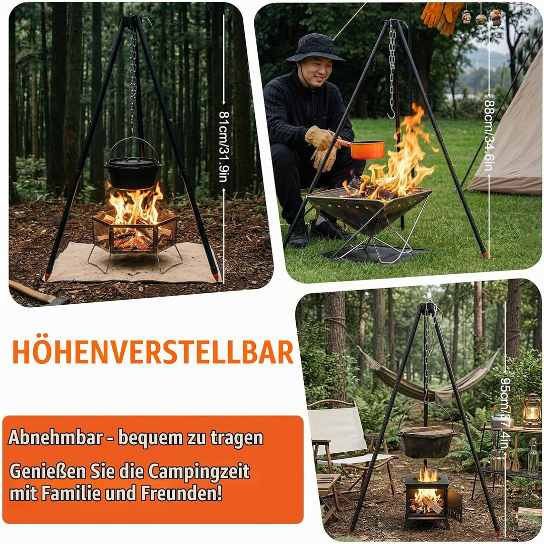 110CM Camping Stativ Lagerfeuer Kochen Stativ Outdoor Grillrost Stand Halterung Hängekette Verstellb