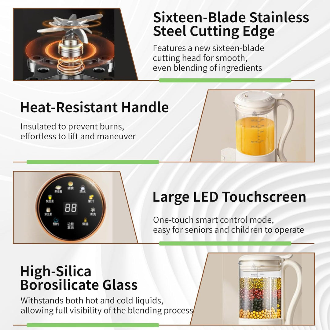 Nussmilchmaschine, 1400ml Entsafter Sojamilch Maschine mit 16 Klingen, LED Anzeige, 4 Stunden Warmha