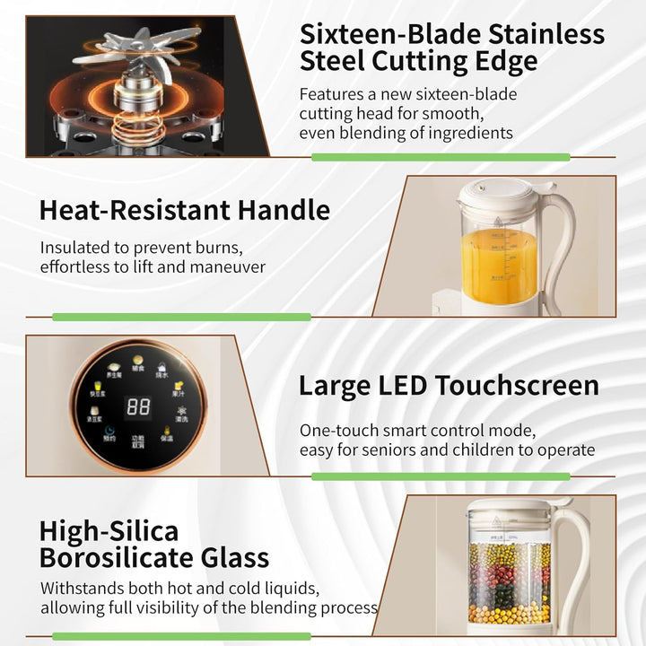 Nussmilchmaschine, 1400ml Entsafter Sojamilch Maschine mit 16 Klingen, LED Anzeige, 4 Stunden Warmha