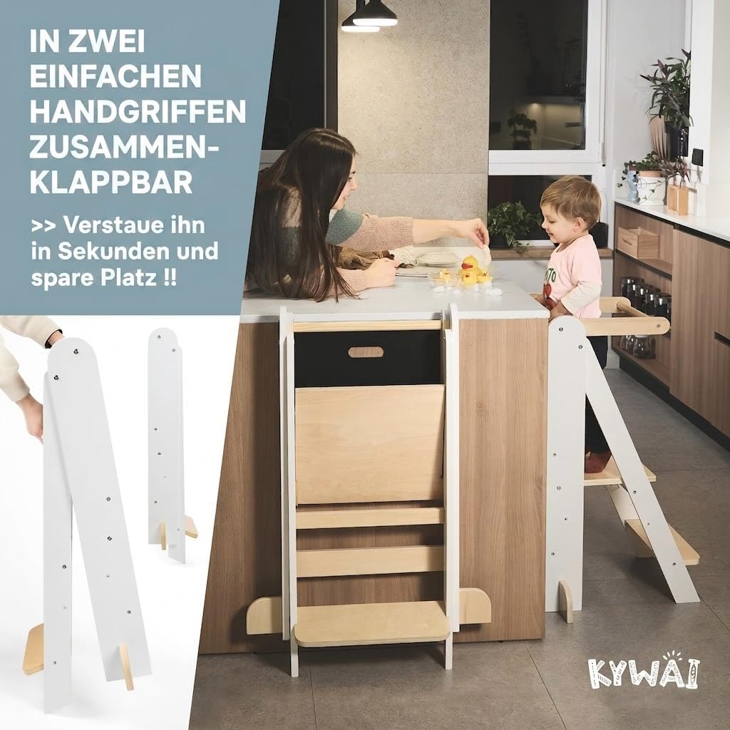 Lernturm ab 1 Jahr Klappbar, Lernturm Klappbar mit 2 Höhen, Abnehmbarer Tafel, nordisches Design, Ki