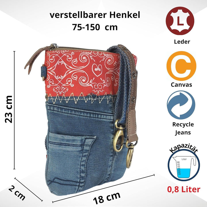 Sunsa Damen Tasche/Umhängetasche. Kleine Bag aus Canvas & Recycelte Jeans. Nachhaltige Taschen. Cros