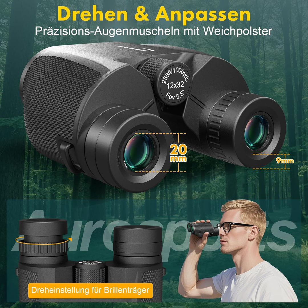 Aurosports 12x32 Fernglas für Erwachsene - Ferngläser Klein Kinder mit überlegener Klarheit - Kompak