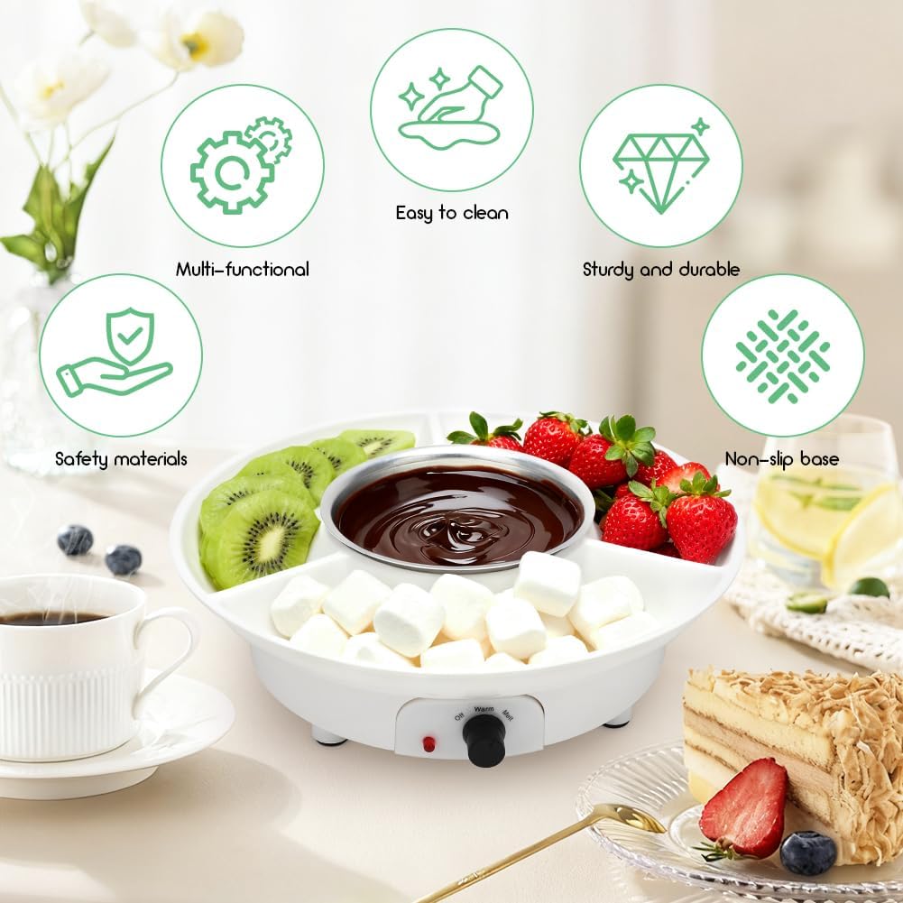 Schokoladen Fondue Set, 260ml Elektrisches Schokoladen mit 2 Temperaturstufen, Abnehmbare Servierpla