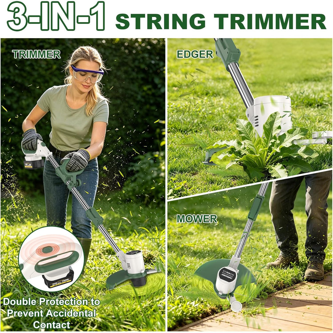 Akku Rasentrimmer 21V, 3-in-1 Rasentrimmer, Kantenschneider &amp; Gartenreiniger, 4000mAh Hochleistungsa