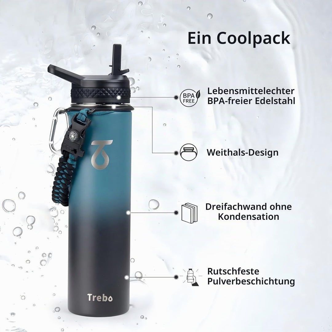 Trebo Trinkflasche Edelstahl, Thermosflasche mit Strohhalm mit Paracord-Griff &amp; 3 Deckeln, Edelstahl