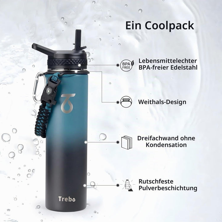 Trebo Trinkflasche Edelstahl, Thermosflasche mit Strohhalm mit Paracord-Griff &amp; 3 Deckeln, Edelstahl