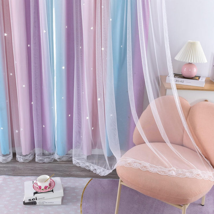 Freyamy Gardinen Lila Blau Weiss Glänzend Sterne Vorhänge Blickdicht Kinderzimmer Halbtransparent H