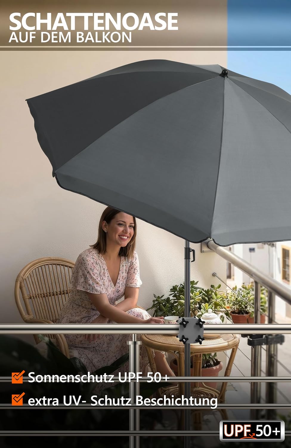 4smile Sonnenschirm Balkon SunnyJoy, 3-in-1 SET, Anthrazit - UPF 50+ Sonnenschirm Ø 200 cm + SunnyGu