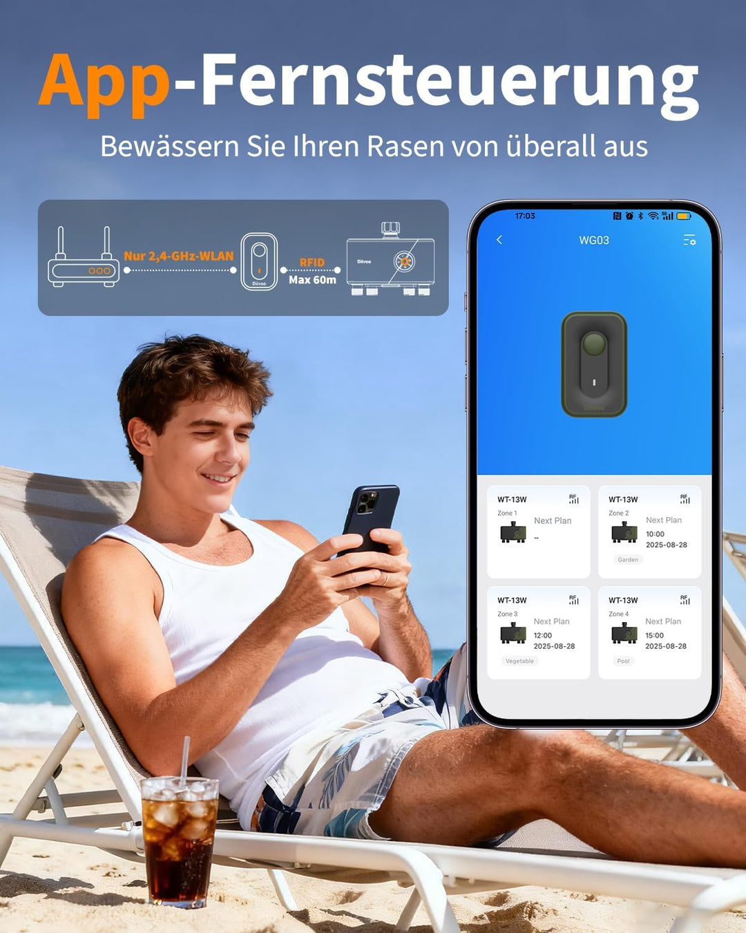 Diivoo Bewässerungscomputer mit 60M RFID-Technologie WLAN Zeitschaltuhren Automatische Bewässerung 4