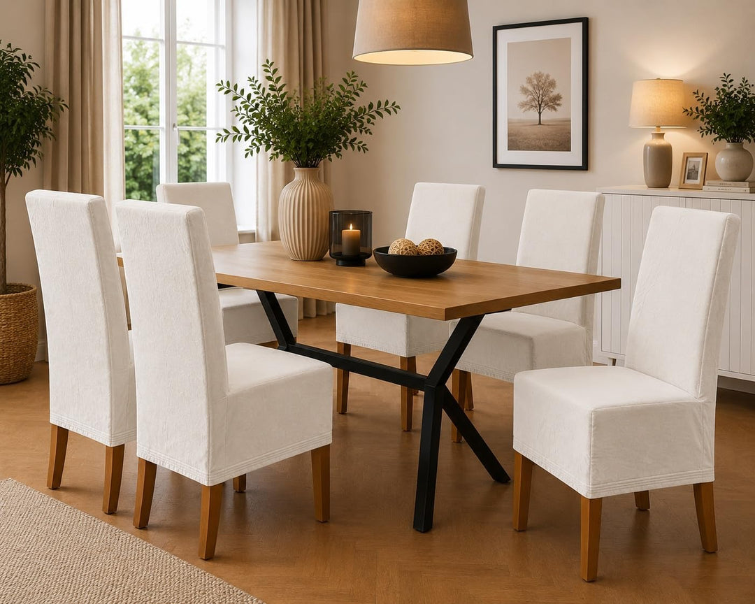 SCHEFFLER-Home Stretch Stuhlhussen Samt Puma Velvet/Velours Stuhlhussen Weiss-Ecru 2er Set/Stuhlabde
