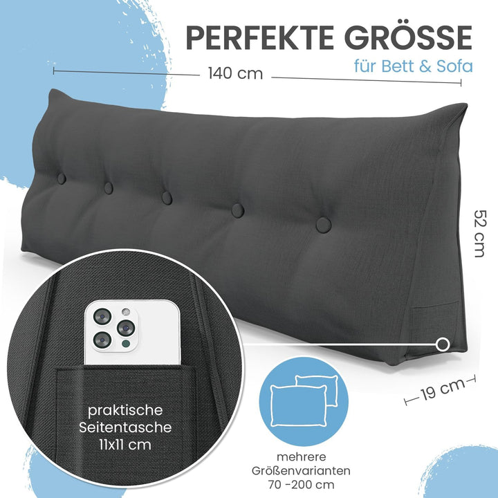 ELONEO Rückenkissen 140 cm breit, Keilkissen für Bett und Sofa geeignet, dreieckiges Lesekissen, Kis