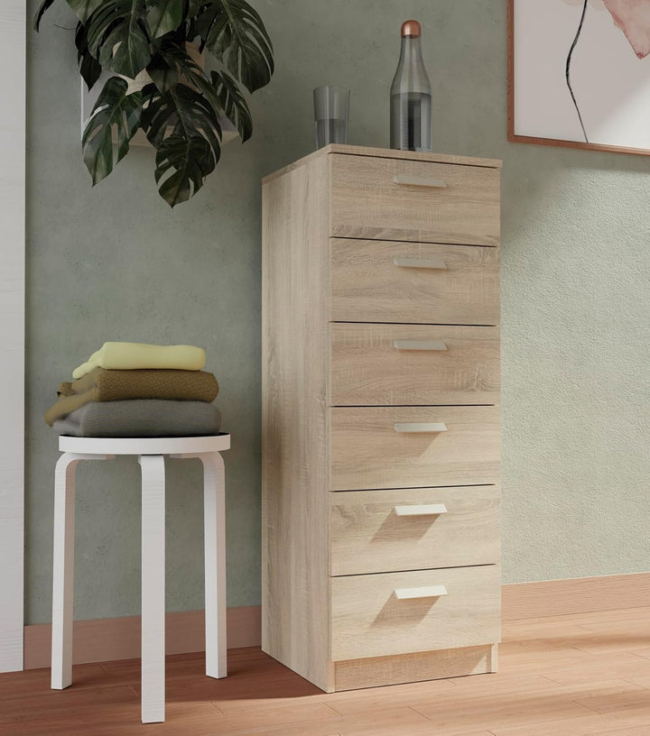 Muebles Pitarch | Hochkommode 6 Schubladen mit Metallführungen, Schlafzimmerkommode, Cambrian Eiche,