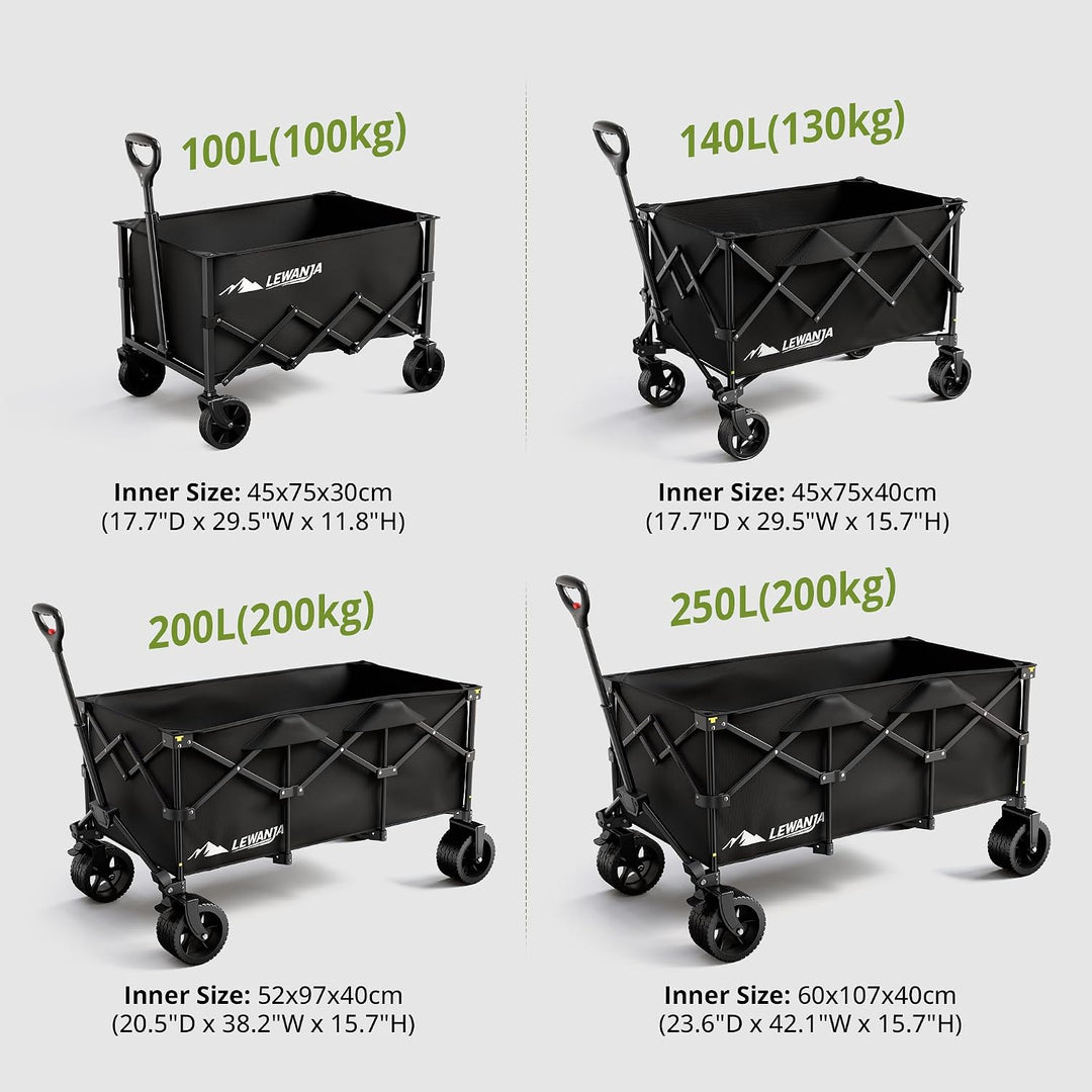 LEWANJA 250L Bollerwagen Faltbar, Robuster Handwagen mit 200kg Tragkraft, Breite Räder mit Bremse &amp;