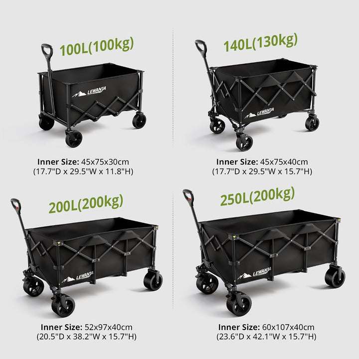 LEWANJA 250L Bollerwagen Faltbar, Robuster Handwagen mit 200kg Tragkraft, Breite Räder mit Bremse &amp;
