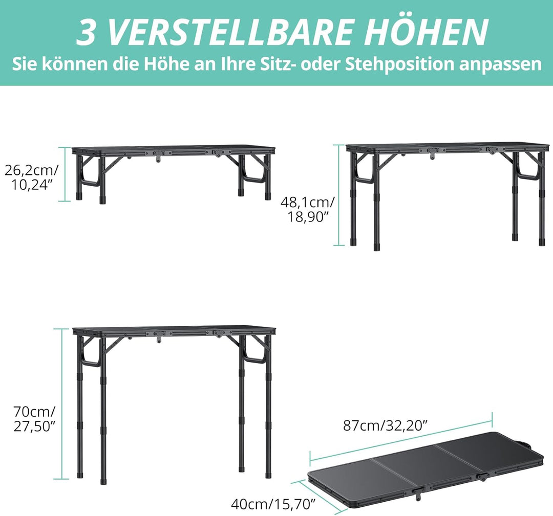 VINTEAM Campingtisch Klappbar 87x40cm – 3 Falten 3-Fach Höhenverstellbar, Aluminium Falttisch Balkon