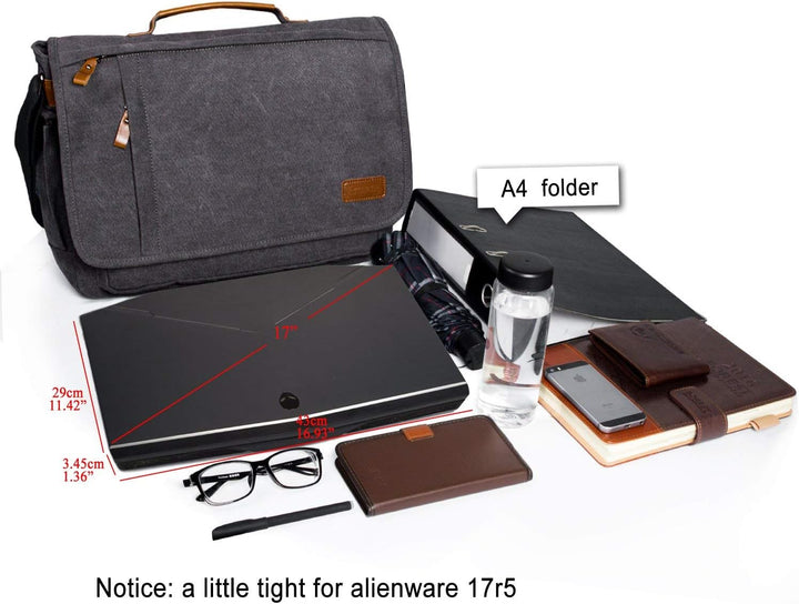 Estarer Laptoptasche 17 Zoll Umhängetasche Canvas für Arbeit Uni Grau 17-17.3