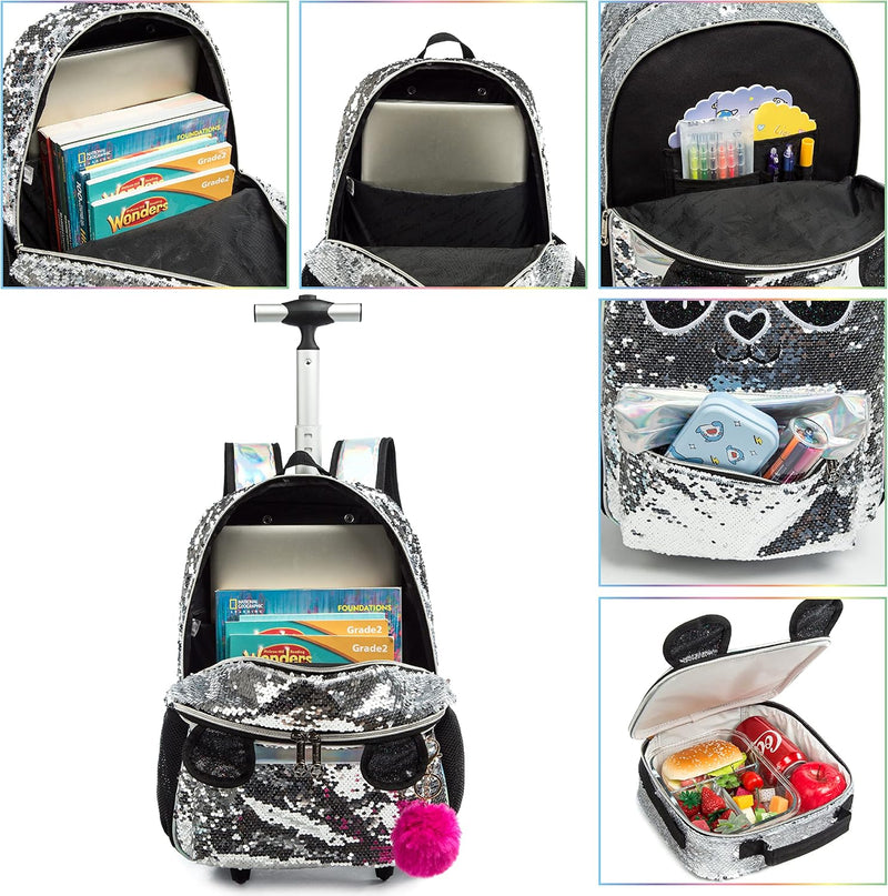 HTgroce Trolley Rucksack Kinder Mädchen,Panda Kinder Trolley Schultasche mit Rollen Rucksack Schultr