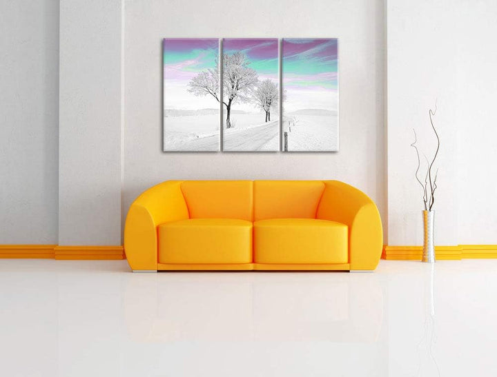 Schneebedeckter Baum in schöner Winterlandschaft schwarz/weiss 3-Teiler Leinwandbild 120x80 Bild auf