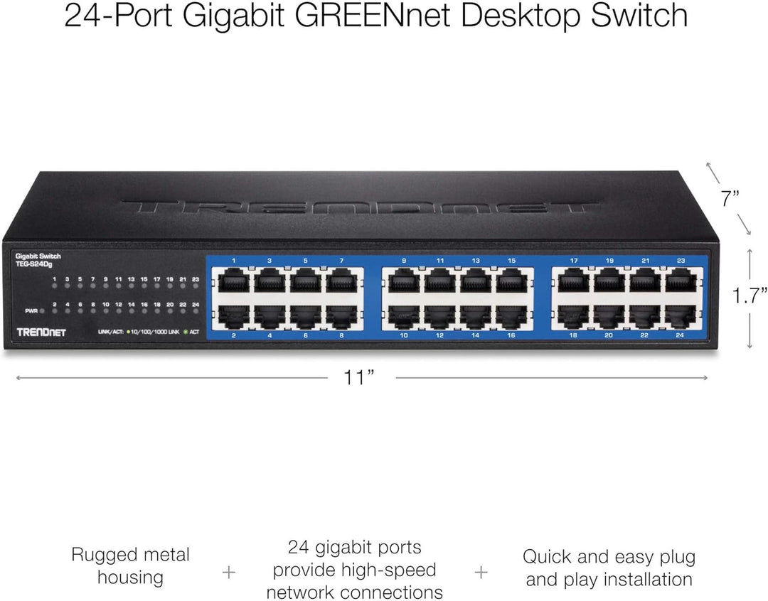 TRENDnet TEG-S24DG 24-Port Unverwalteter Gigabit GREENnet Desktop Metall Switch, Ethernet Splitter,