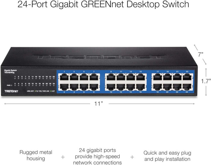 TRENDnet TEG-S24DG 24-Port Unverwalteter Gigabit GREENnet Desktop Metall Switch, Ethernet Splitter,