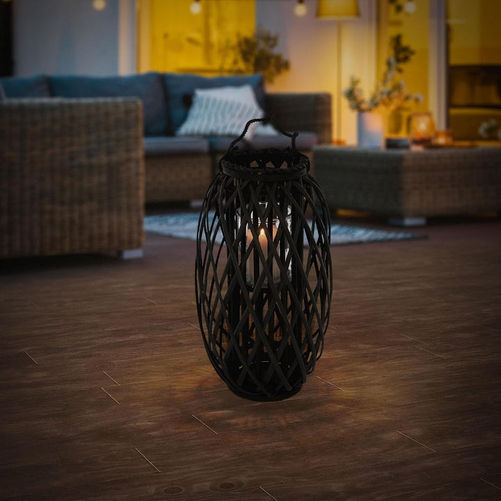 ECD Germany Laterne Ried 50 x Ø28 cm mit Henkel, Schwarz, Seilfaser, Flechtoptik, Rattan Windlicht m