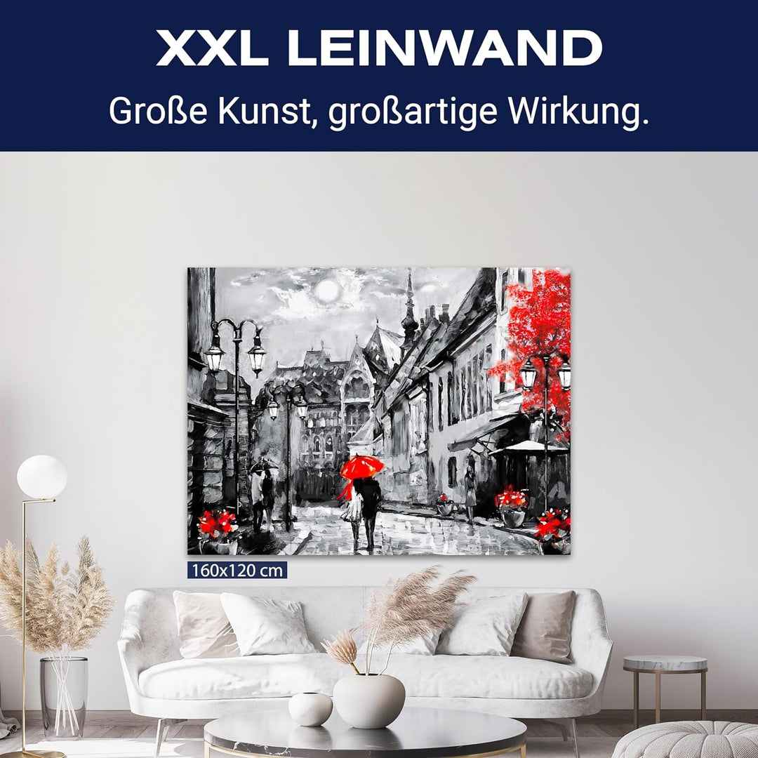 wandmotiv24 Leinwandbild Malerei, 60x45cm, Querformat, Paar, Stadt, Regenschirm, Deko, Bilder auf Le