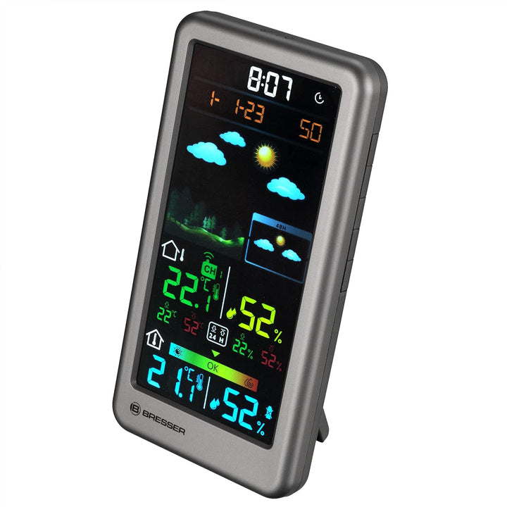 Bresser Funkwetterstation Neomeo V Silber, Farbdisplay, 24/48 Std. Wetterprognose, Temperatur-/Luftf