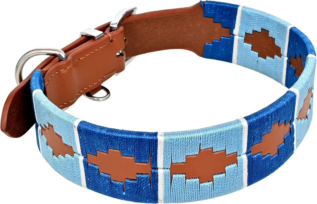 MICHUR Pippa Braun Blau Türkis Baumwollgarn Hundehalsband Leder, Lederhalsband Hund, Halsband, Leder