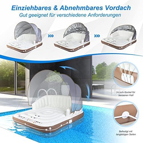 FANTASK Luxus-Inselbett XXL, Aufblasbare Schwimminsel mit einziehbarer & Abnehmbarer Überdachung, Ba