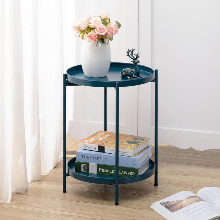 HollyHOME Runder Beistelltisch, 2 Ebenen Beistelltisch Metalltablett, Snacktisch, Couchtisch, Teetis