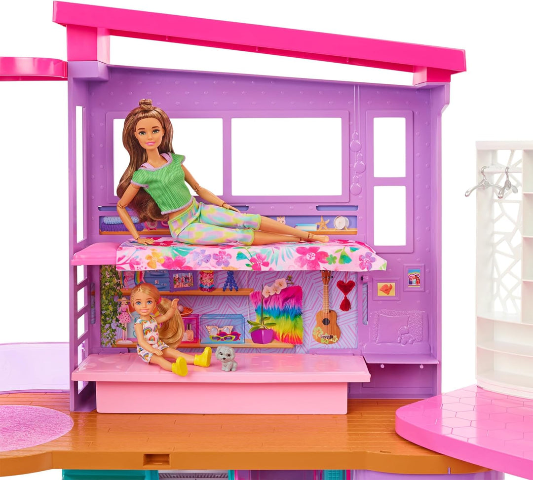 Barbie HCD50 - Malibu Ferien-Haus (klappbar), Puppenhaus mit Möbeln und diversen Zubehör-Teilen, Spi