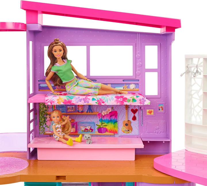 Barbie HCD50 - Malibu Ferien-Haus (klappbar), Puppenhaus mit Möbeln und diversen Zubehör-Teilen, Spi