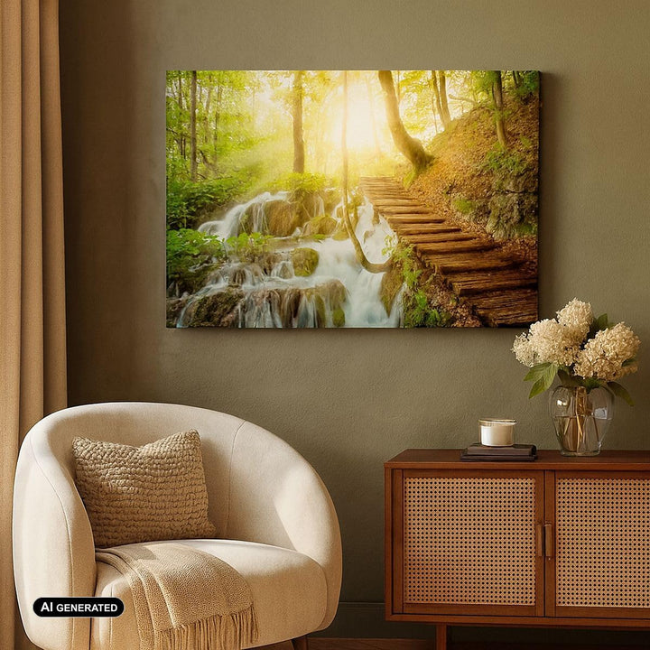 ARTTOR Bilder auf Leinwand 100x70cm Leinwandbild Park Wasserfall Wasser Gross Wanddeko Bild Schlafzi